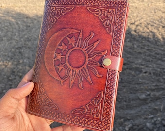 Handcrafted Leather Journal: Sun and Moon Embossed Grimoire - 7x5 inches