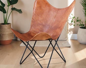 Handmade Leather Butterfly Chair | Vintage Tan Lounge Accent Chair | Modern Boho Home Décor Seating | Genuine Leather Chair