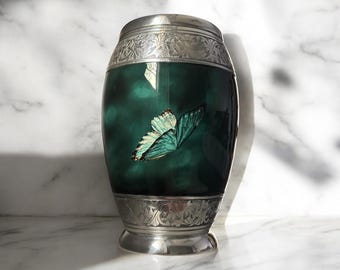 Butterfly Cremation Urn for Human Ashes: Hand-Engraved Aluminum, 200 Cubic Inches