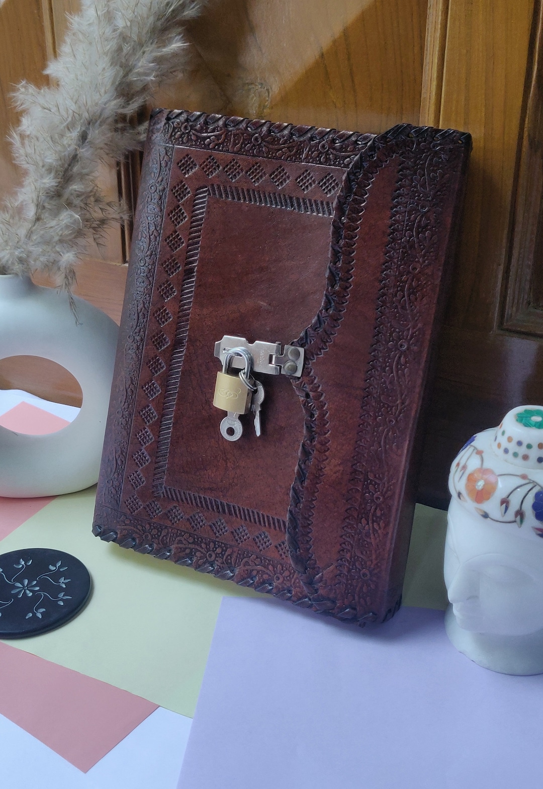 Embossed Leather Journal With Lock & Key: Handmade Grimoire, Book of ...