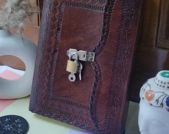 Embossed Leather Journal with Lock & Key: Handmade Grimoire, Book of Shadows