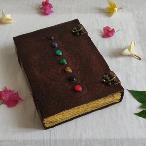 Leather Journal, Leather Grimoire journal Lined/Unlined Vintage Paper, Book of Shadows, Seven Stone Leather Journal, Christmas Gift