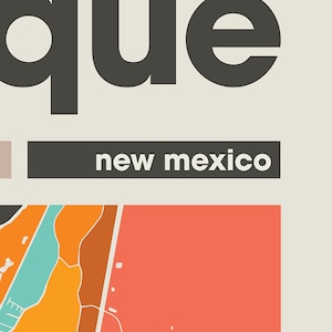 May include: A colorful map of Albuquerque, New Mexico. The map is in a minimalist style with a bright orange, red, and blue color scheme. The text "Albuquerque" is in a bold, black font and the text "New Mexico" is in a smaller, gray font.