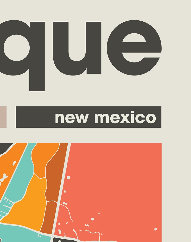 May include: A colorful map of Albuquerque, New Mexico. The map is in a minimalist style with a bright orange, red, and blue color scheme. The text "Albuquerque" is in a bold, black font and the text "New Mexico" is in a smaller, gray font.