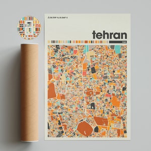 Kolorowa mapa Teheranu, Mapa miasta Teheran, Minimalistyczna mapa Teheranu, Wydruk Teheranu, Plakat Teheranu, Sztuka Teheranu, Mapa Teheranu, Mapa miasta Iranu