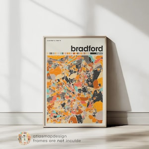Bradford Map Print - Colorful Minimalist City Map of Bradford, UK Poster, England Art Wall Decor