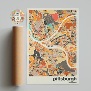 Impression de carte de Pittsburgh, plan de la ville minimaliste coloré de Pennsylvanie, décoration murale de bureau beige, impressions d'art moderne pour la maison et le bureau