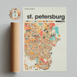 Kleurrijke kaart van Sint-Petersburg, kaart van de stad Sint-Petersburg, minimalistische kaart van Sint-Petersburg, afdruk van Sint-Petersburg, stadskaart van Florida