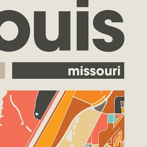 May include: A stylized map of St. Louis, Missouri, with a color palette of orange, yellow, brown, red, and gray. The city name "St. Louis" is written in black text above the map, and "missouri" is written in black text below the map.