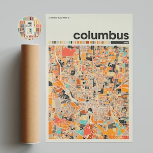Mapa colorido de Columbus, mapa da cidade de Columbus, mapa minimalista de Columbus, impressão de Columbus, pôster de Columbus, arte de Columbus, mapa de Columbus, Ohio
