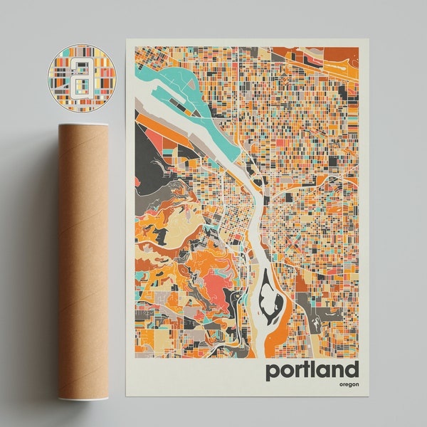 Portland Map Print, Colorful Map, Minimalist Portland Print, Oregon City Map, Office Decor, Beige Wall Decor, Art Prints, Printable Art,