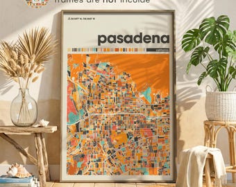Pasadena California Colorful City Map Poster, San Gabriel Valley Print Living Room or Office
