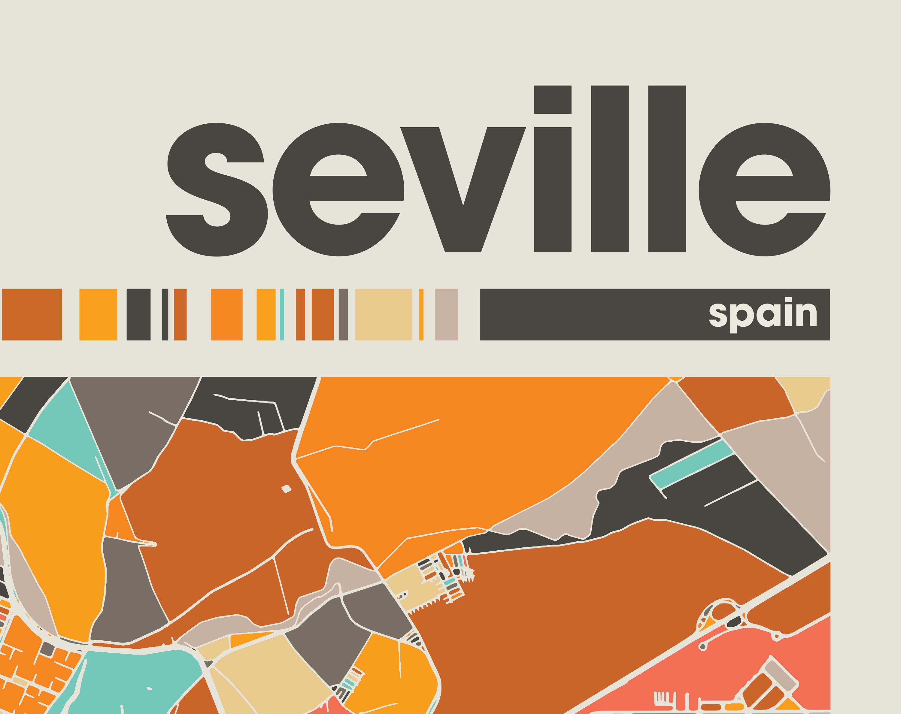 Seville Colorful Map, City of Seville Map, Seville Minimalist Map
