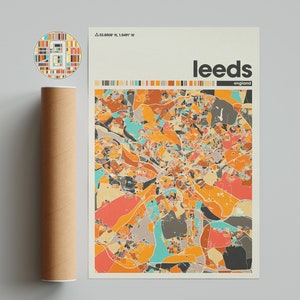 Mapa colorido de Leeds, mapa da cidade de Leeds, mapa minimalista do Reino Unido, impressão de Leeds, pôster de Leeds, arte de Leeds, mapa de Leeds, mapa da cidade da Inglaterra