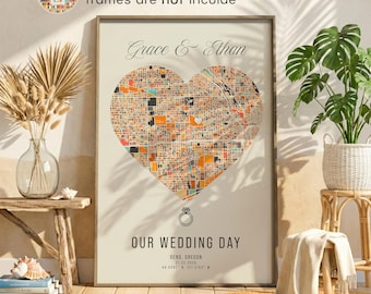 Custom Heart Map, Engagement Gift for Couple, Personalized Print