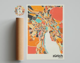 Impression de carte de Zurich, carte colorée, impression minimaliste de Zurich, carte de la ville de Suisse, décoration de bureau, décoration murale beige, tirages d'art, téléchargement numérique