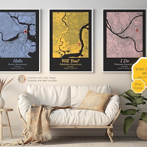 Juego de 3 impresiones de mapas de boda: regalo para recién casados, comprometidos y aniversarios. Arte personalizado para San Valentín.
