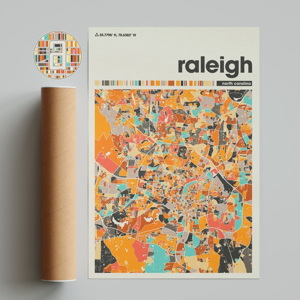 Raleigh Colorful Map, City of Raleigh Map, Raleigh Minimalist  Map, Raleigh Print, Raleigh Poster, Raleigh Art, North Carolina City Map