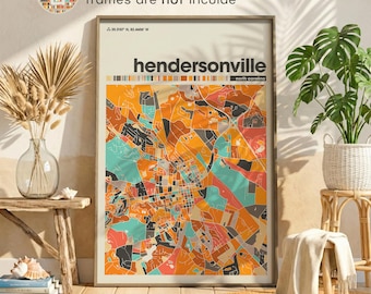 Hendersonville NC Colorful City Map Poster, Blue Ridge Mountain Print Living Room or Office