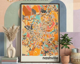 Nashville Tennessee Colorful City Map Print, Minimalist Poster, Office Decor, Beige Wall Decor