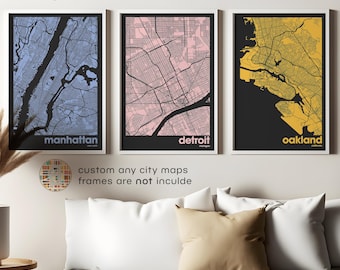 Set of 3 Custom City Map Prints – Personalized Travel Poster Wall Art for Home & Office Decor