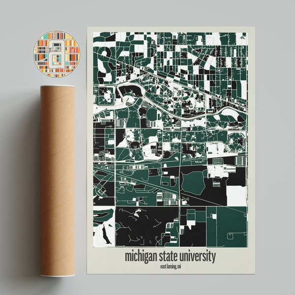 Université d'État du Michigan, cadeau de remise des diplômes, art mural, carte du campus, carte d'illustration de la remise des diplômes, art minimaliste, affiche de remise des diplômes