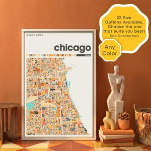 Karta över Chicago, Illinois – Digital nedladdning av en personlig affisch med stadslandskap för modernt hemmakontor