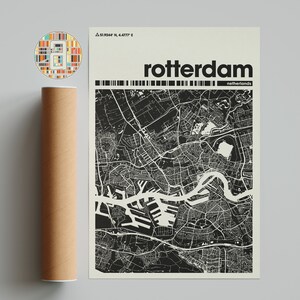 Plan de la ville de Rotterdam, plan de la ville des Pays-Bas, plan de la ville minimaliste, plan de la ville moderne, affiche personnalisée de la ville, impression d'art mural, décoration d'intérieur, décoration de bureau