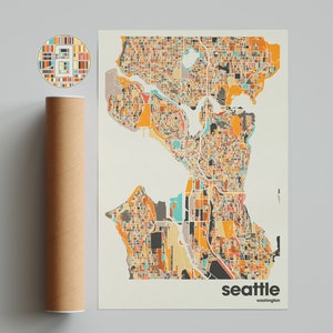 Seattle kaart print, kleurrijke kaart, minimalistische Seattle print, plattegrond van de stad Washington, kantoordecor, beige muur decor, kunst wordt afgedrukt, afdrukbare kunst,