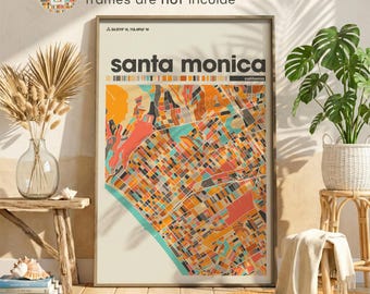Santa Monica California Colorful City Map Poster, Pacific Coast Print Living Room Home Office