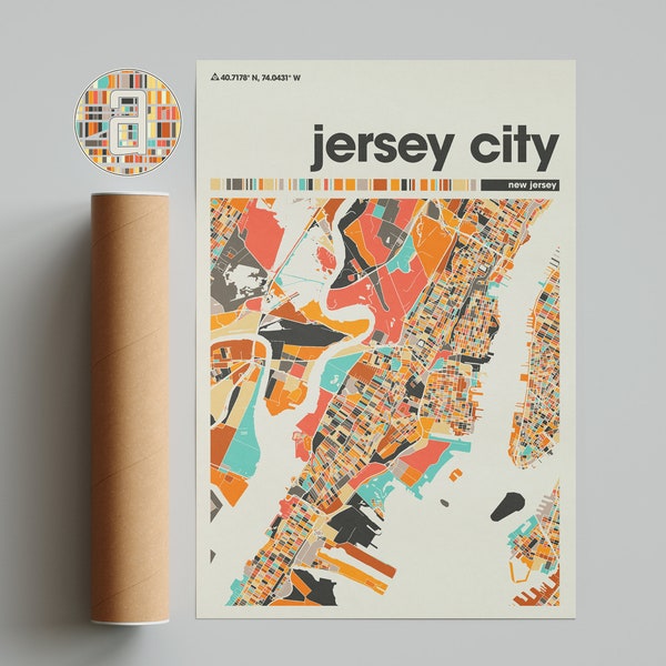 Jersey City Colorful Map, City of Jersey City Map, Jersey City Minimalist  Map, Jersey City Print, Jersey City Poster, New Jersey City Map