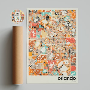 Impresión de mapa de Orlando, mapa colorido, impresión minimalista de Orlando, mapa de la ciudad de Florida, decoración de oficina, decoración de pared beige, impresiones artísticas, arte imprimible