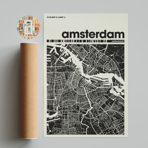 Impression de carte d'Amsterdam minimaliste colorée, carte de la ville des Pays-Bas, art imprimable, décoration murale et pour bureau