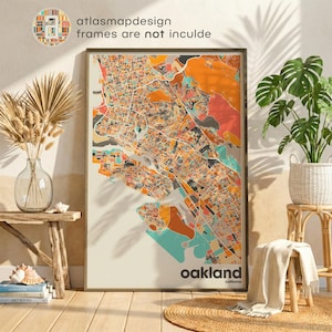 Mapa de Oakland para impressão, mapa colorido, impressão minimalista de Oakland, mapa da cidade da Califórnia, decoração de escritório, decoração de parede bege, impressões artísticas, download digital
