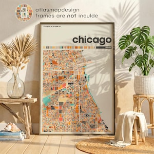 Chicago Illinois bunte Karte Druck, bunte minimalistische Wohnzimmer Dekor Home Office