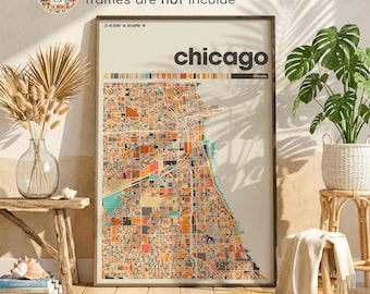 Kolorowy wydruk mapy Chicago Illinois, kolorowy minimalistyczny wystrój salonu, biura domowego