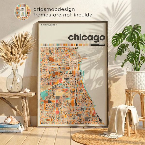 Chicago Illinois Colorful Map Print, Colorful Minimalist Living Room Decor Home Office
