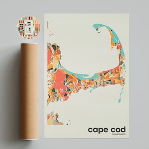 Cape Cod Karte Druck, bunte Karte, minimalistischen Cape Cod Karte, Massachusetts Stadtplan, Büroeinrichtung, Beige Wand-Dekor, Kunstdrucke, Printable