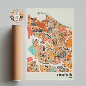 Impression de carte de Norfolk, carte colorée, impression minimaliste de Norfolk, Virginia City, décoration de bureau, décoration murale beige, oeuvre d'art imprimable, téléchargement numérique
