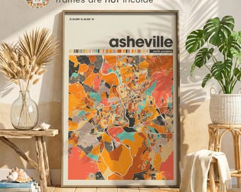 Asheville NC Colorful Map Print, City Street Map Wall Art, North Carolina Poster
