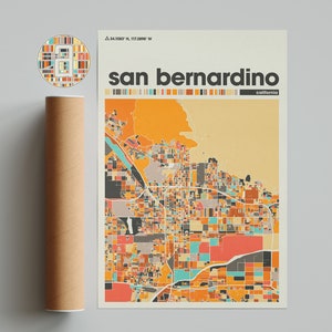 Kolorowa mapa San Bernardino, Mapa miasta San Bernardino, Minimalistyczna mapa San Bernardino, Wydruk San Bernardino, Plakat San Bernardino,