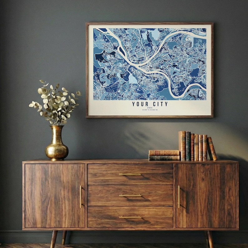 Landscape Blue City Map, Custom Navy Print, Wide Wall Art Decor, Pastel ...