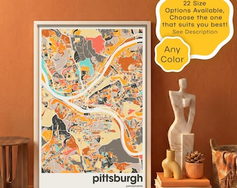 Pittsburgh Map Digital Download, Colorful Three Rivers City Poster, Custom Pennsylvania Printable Wall