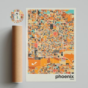 Impression de carte de Phoenix, carte colorée, impression minimaliste de Phoenix, plan de la ville de l'Arizona, décoration de bureau, décoration murale beige, tirages d'art, oeuvre d'art imprimable,