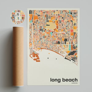 Long Beach Karte Drucken, bunte Karte, minimalistische Long Beach Druck, Kalifornien Karte, Bürodekoration, Beige Wand-Dekor, Kunstdrucke, bedruckbar