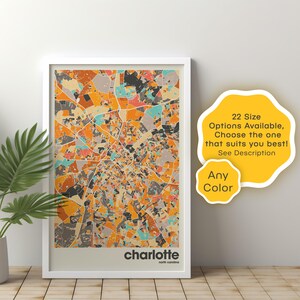 Charlotte-kaartafdruk – aangepaste digitale stadsposter, kunst aan de muur North Carolina, gepersonaliseerde kaart, minimalistisch decor, afdrukbaar cadeau