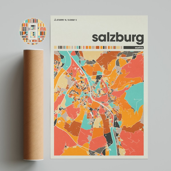 Salzburg, Colorful Map, City of Salzburg Map, Salzburg Minimalist  Map, Salzburg Print, Salzburg Poster, Salzburg Art, France City Map