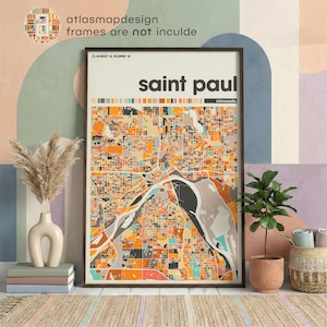 Stampa della mappa di Saint Paul, Minnesota, poster colorato delle Twin Cities, arte murale personalizzata del Mississippi, trasloco