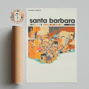 Santa Barbara Colorful Map, City of Santa Barbara Map, wall art, wall decor, printable wall art, Santa Barbara Print, Santa Barbara Poster