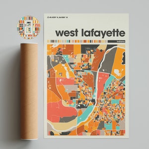 West Lafayette Colorful Map, City of West Lafayette Map, West Lafayette Minimalist  Map, West Lafayette Poster, Indiana City Map